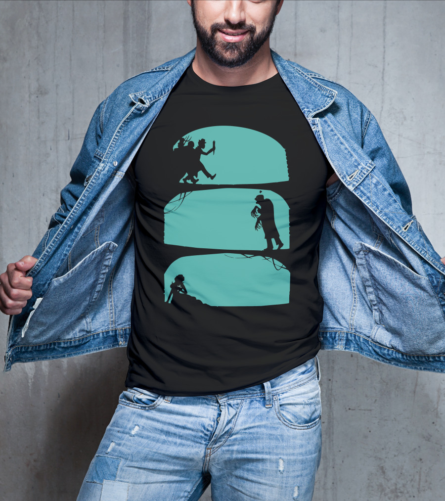 Hunt The Zombie Silhouette Chase With Weapon, Creeping Figure, And Hiding Woman T-Shirt