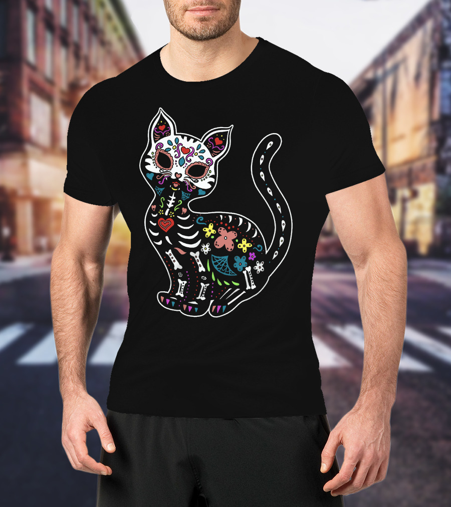 Calavera Cat Dia De Los Muertos Sugar Skull Colorful Skeleton Decor T-Shirt