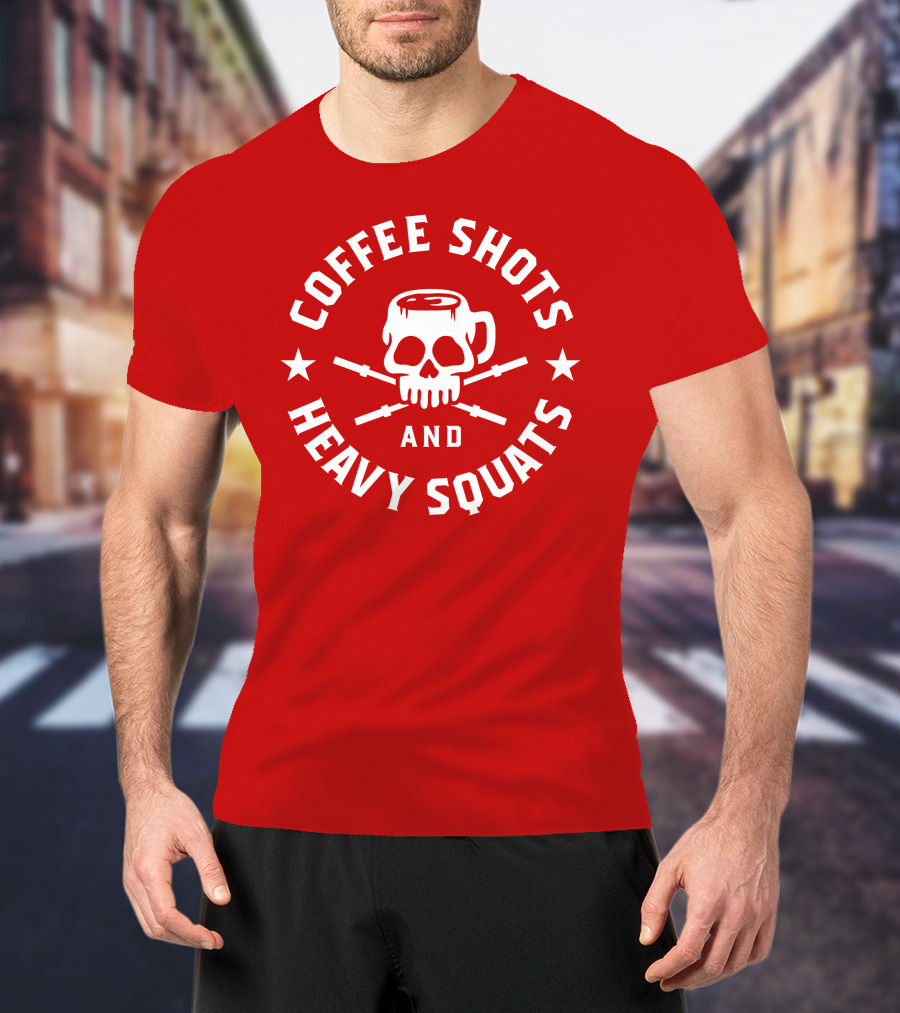 Coffee Shots And Heavy Squats Skull Mug And Barbells T-Shirt