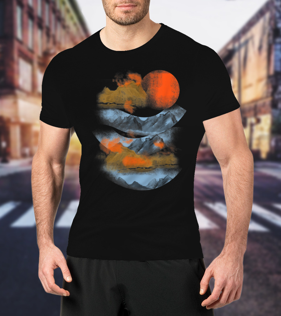 Blurry Mountains Clouds With Red Sun And Smoky Peaks T-Shirt