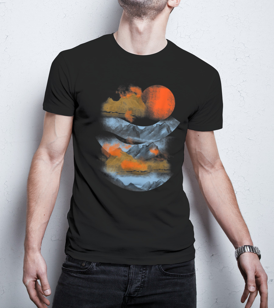 Blurry Mountains Clouds With Red Sun And Smoky Peaks T-Shirt