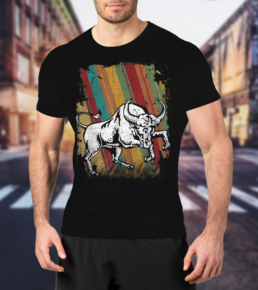 Retro Distressed Grunge Buffalo With Vintage Color Stripes T-Shirt