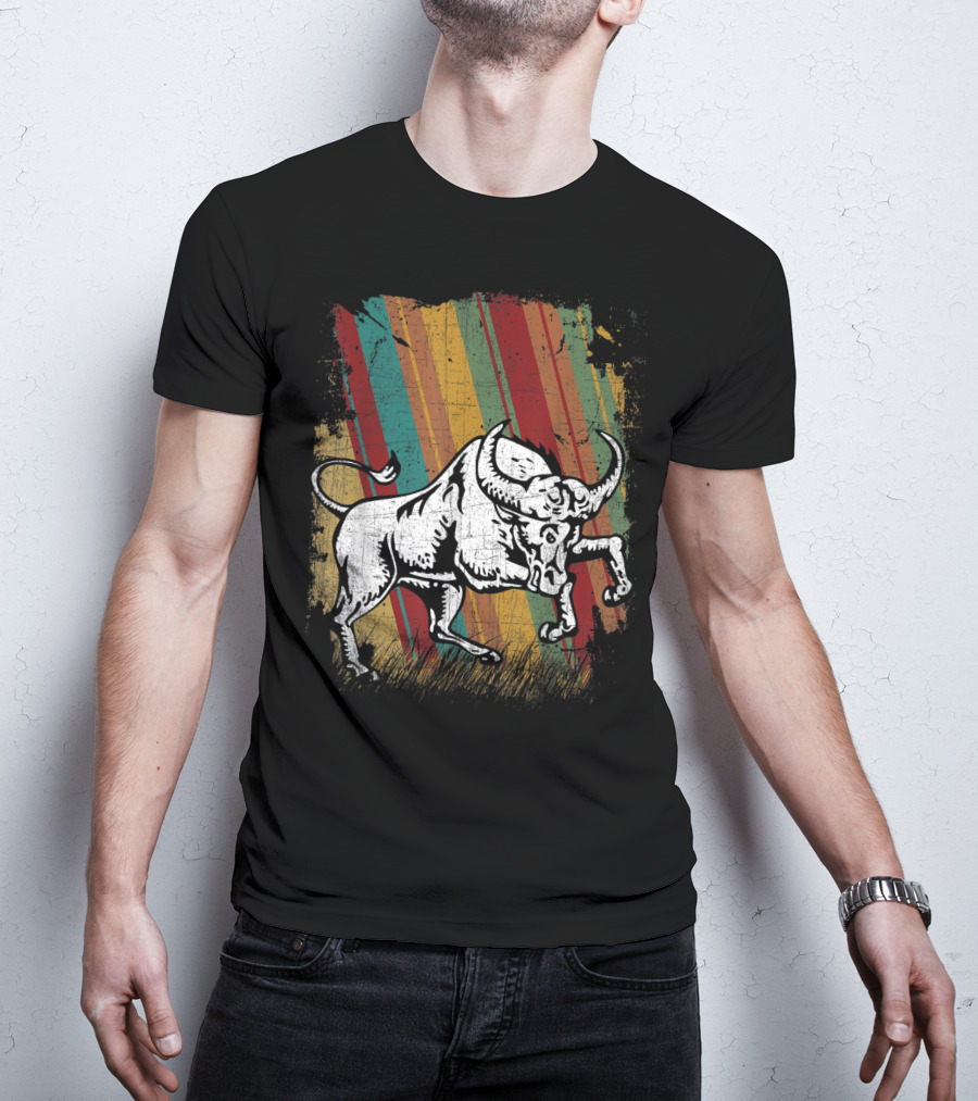 Retro Distressed Grunge Buffalo With Vintage Color Stripes T-Shirt
