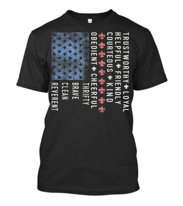American Flag Trustworthy Loyal Helpful Friendly Courteous Kind Obedient Cheerful Thrifty Brave Clean Reverent Scout Law Vintage Scouting T-Shirt