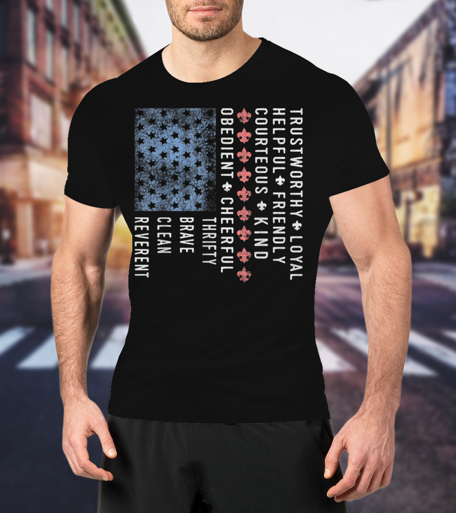 American Flag Trustworthy Loyal Helpful Friendly Courteous Kind Obedient Cheerful Thrifty Brave Clean Reverent Scout Law Vintage Scouting T-Shirt