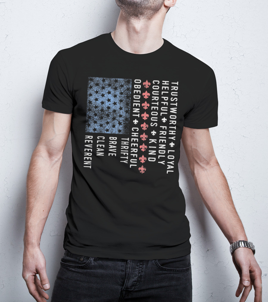 American Flag Trustworthy Loyal Helpful Friendly Courteous Kind Obedient Cheerful Thrifty Brave Clean Reverent Scout Law Vintage Scouting T-Shirt