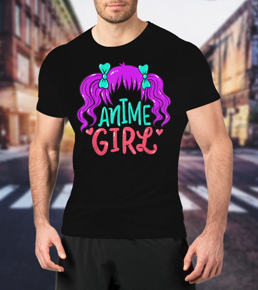 Anime Girl Purple Hair With Green Bows And Hearts T-Shirt