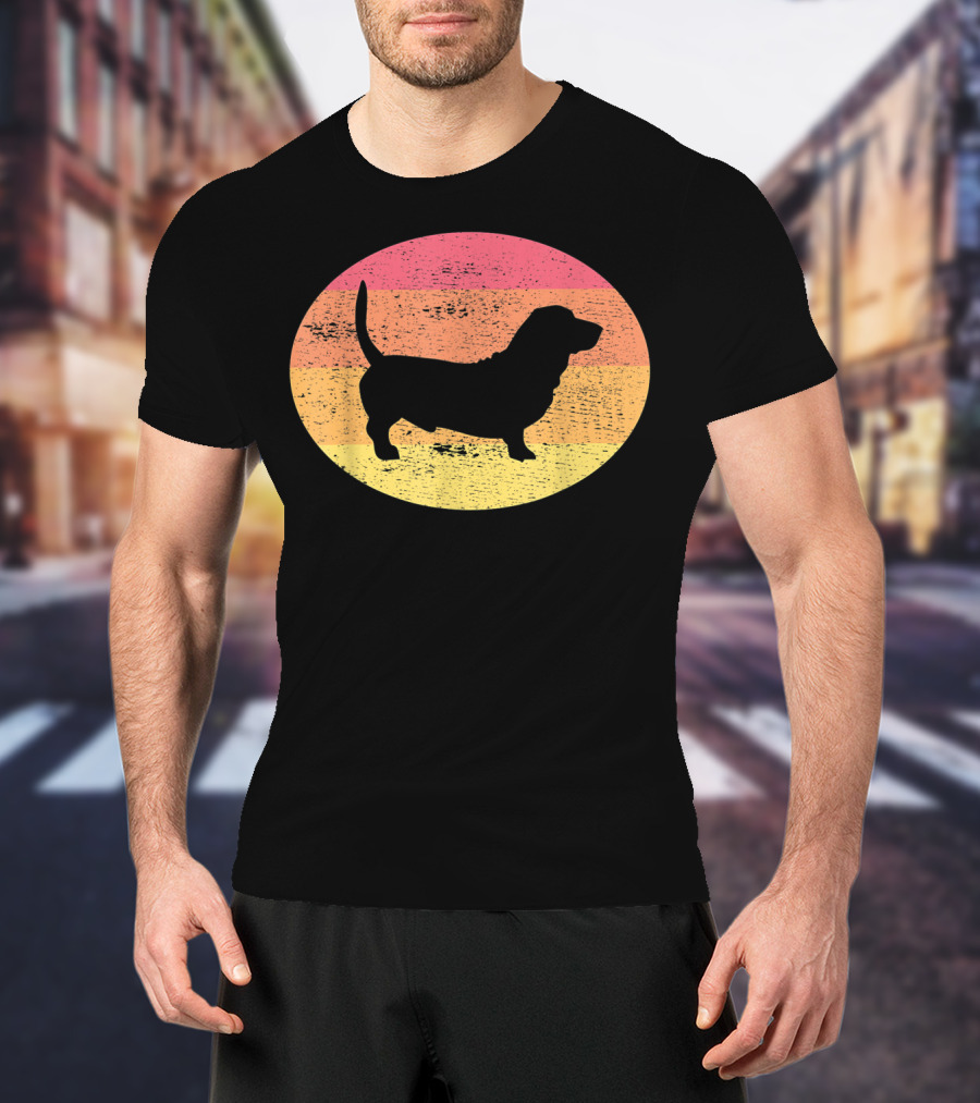 Basset Hound Silhouette Retro Vintage Dog Sunset Oval T-Shirt