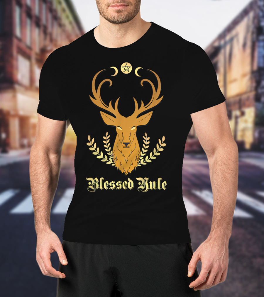 Blessed Yule Christmas Stag Pentacle Triple Moon T-Shirt