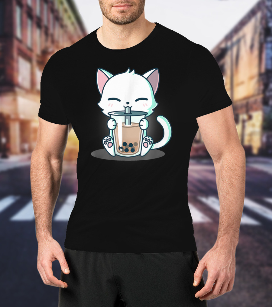 Kawaii Boba Cat Happy Kitten Drinking Bubble Tea Mood T-Shirt