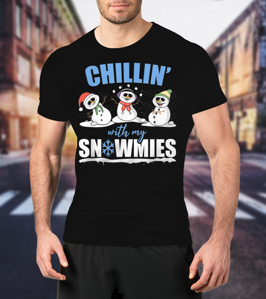 Chillin' With My Snowmies Christmas Snowman Trio In Santa Hats And Scarves T-Shirt