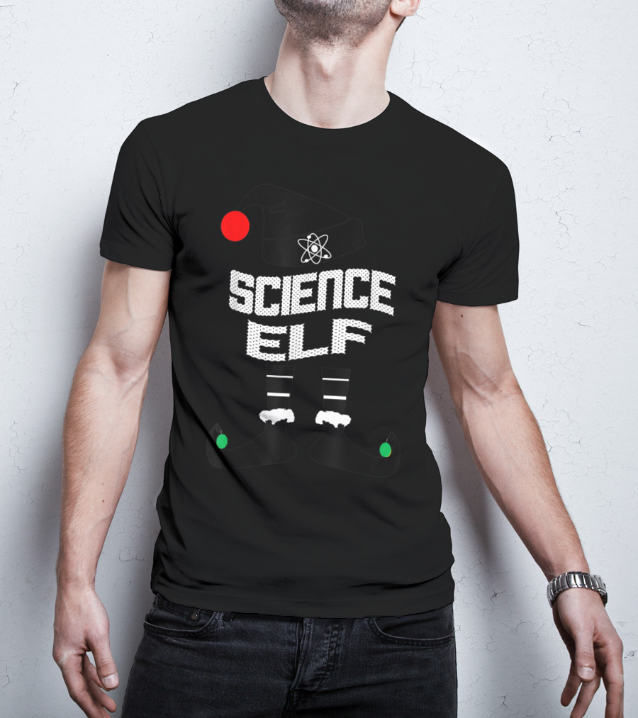 Science Elf Christmas Costume With Atom Hat And Striped Socks T-Shirt