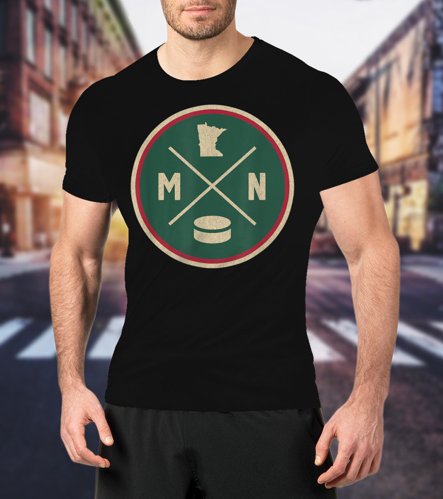 MN Hockey State Outline With Puck And Crossed Sticks Retro T-Shirt