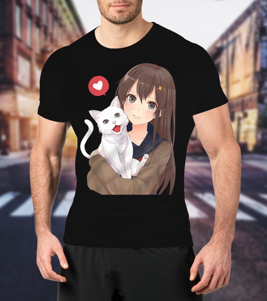 Cute Anime Girl With Adorable White Kitty Cat And Heart T-Shirt