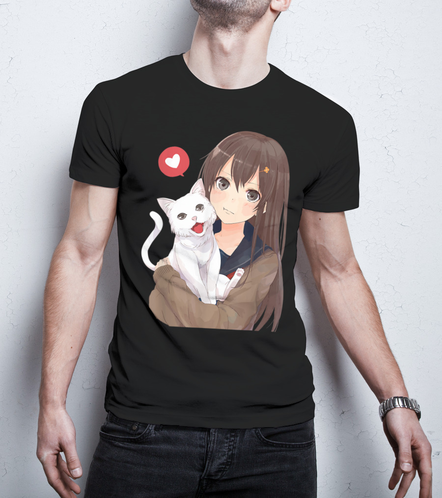 Cute Anime Girl With Adorable White Kitty Cat And Heart T-Shirt