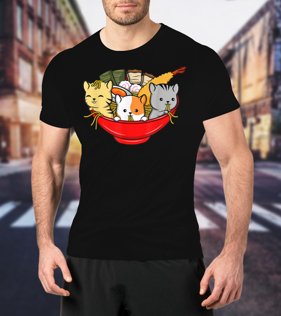 Kawaii Cat Trio In Ramen Bowl With Japanese Anime Style Meal T-Shirt