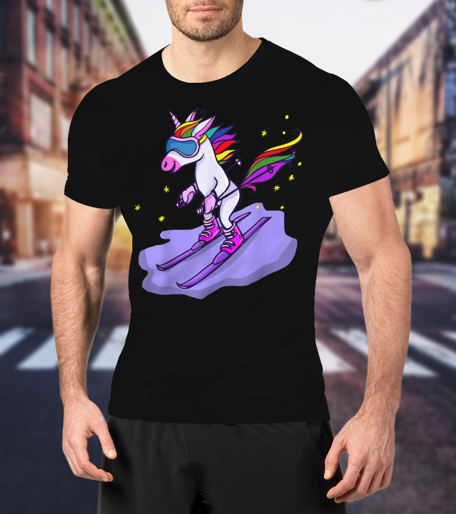 Cute Unicorn Skiing In Rainbow T-Shirt
