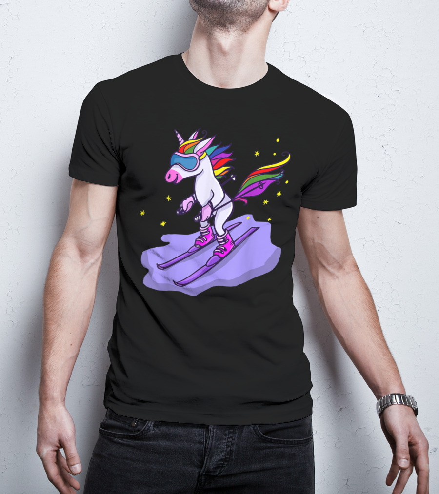 Cute Unicorn Skiing In Rainbow T-Shirt