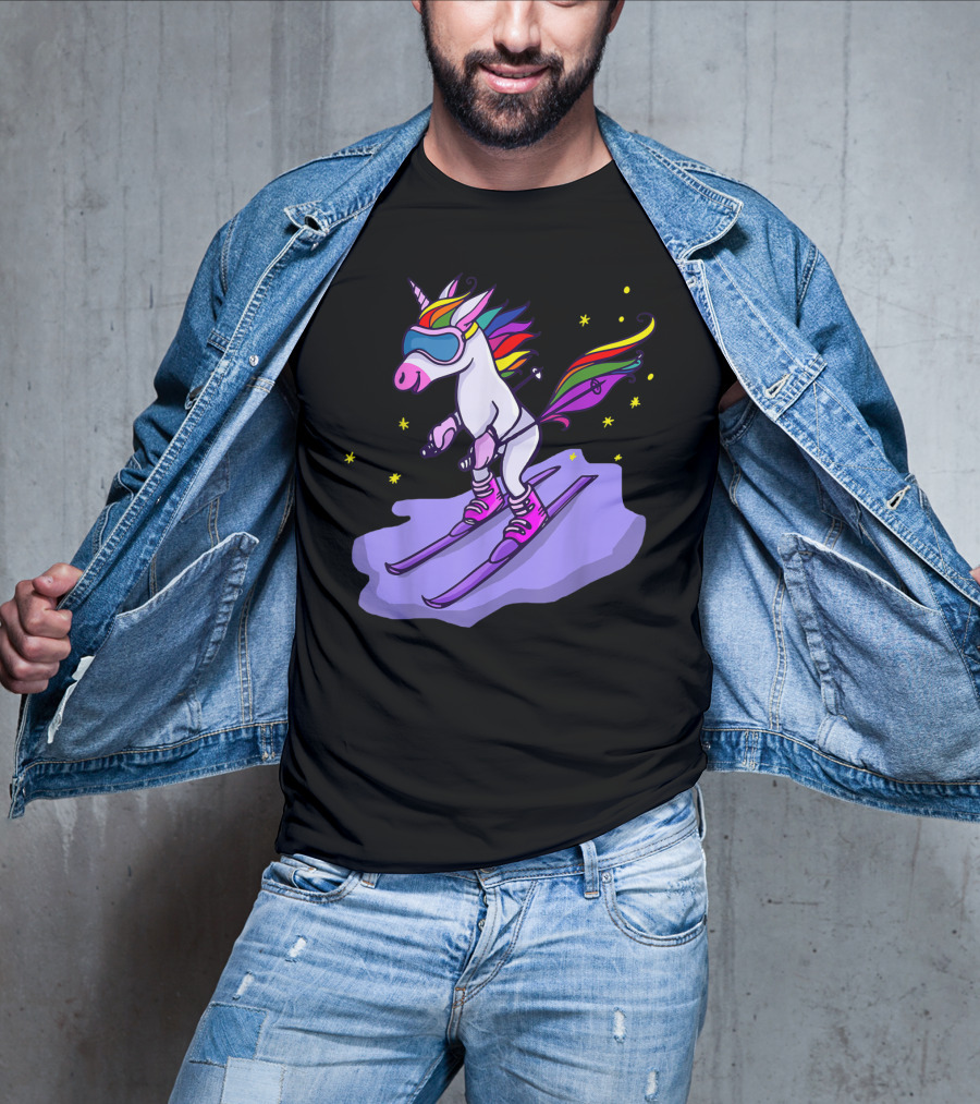 Cute Unicorn Skiing In Rainbow T-Shirt