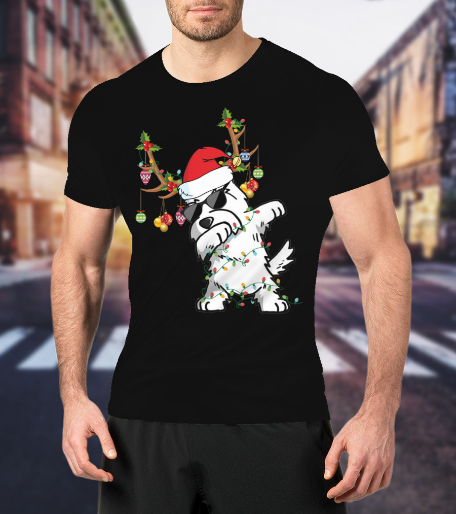 Dabbing Westie Dog Christmas Lights Santa Hat Reindeer Antlers Ornaments T-Shirt