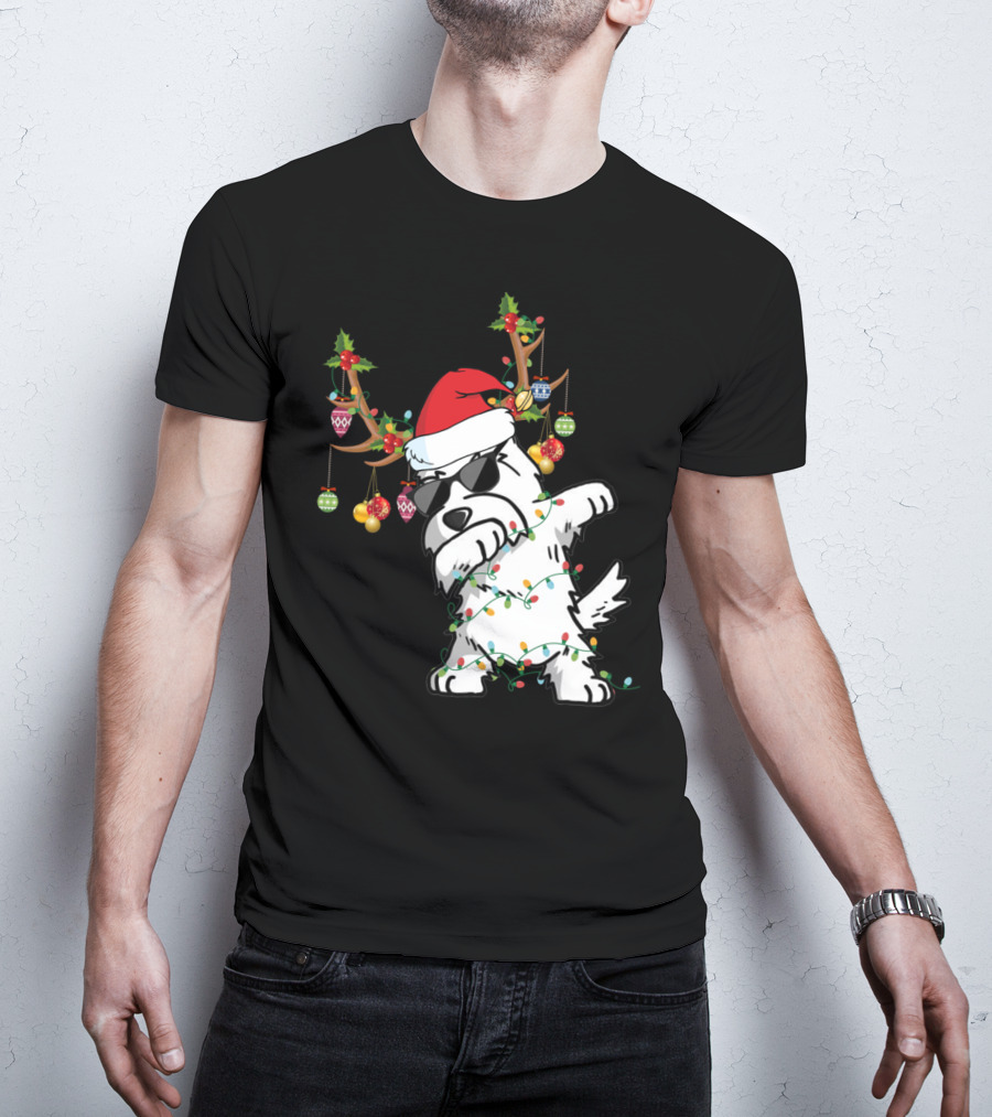 Dabbing Westie Dog Christmas Lights Santa Hat Reindeer Antlers Ornaments T-Shirt