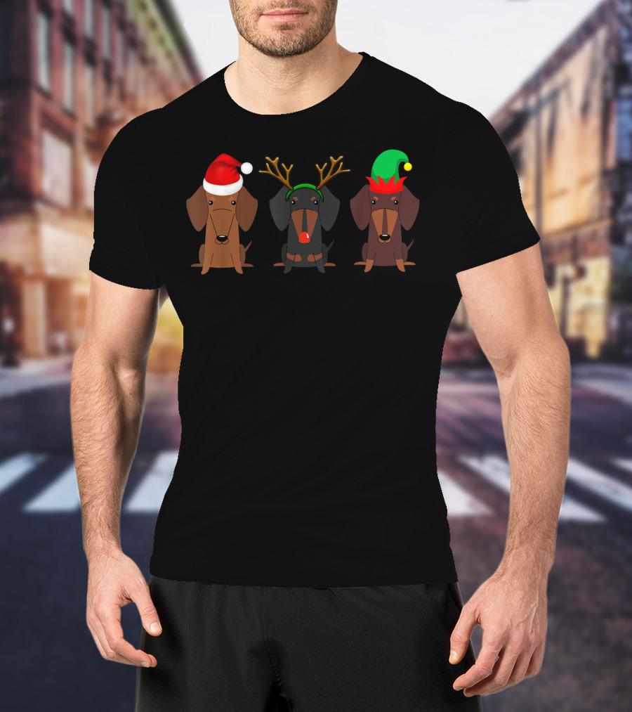 Dachshund Christmas Mom Women Weiner Dog With Santa Hat Reindeer Antlers Elf Hat T-Shirt