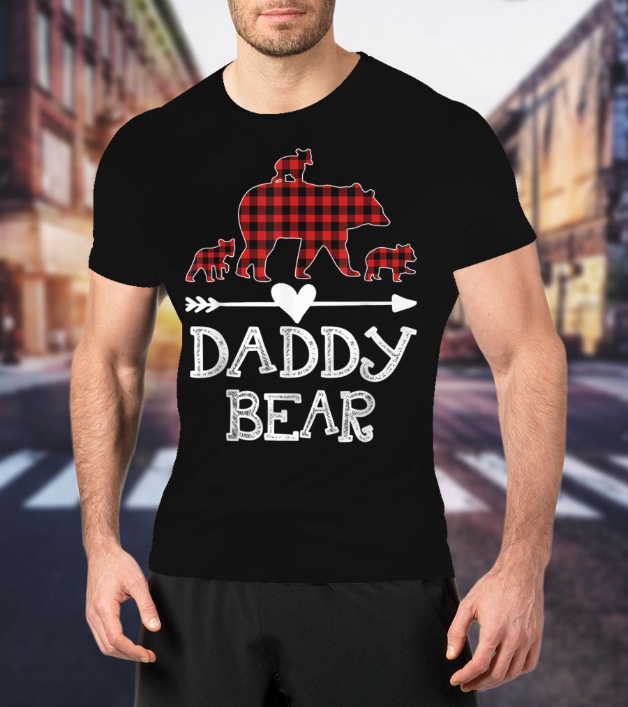 Daddy Bear Red Plaid Three Cubs Arrow Heart T-Shirt