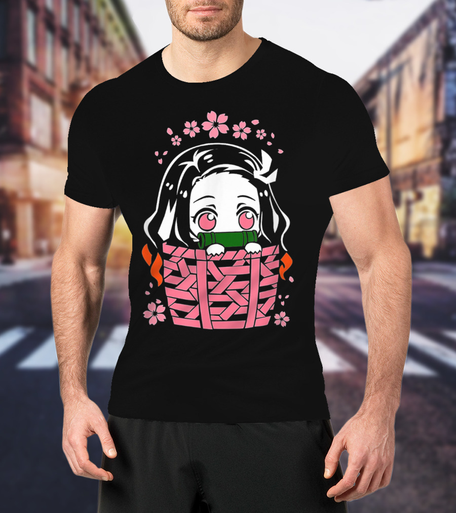 Nezuko Kamado Kawaii Chibi With Bamboo Mouthpiece And Cherry Blossoms Demon Slayer Anime T-Shirt