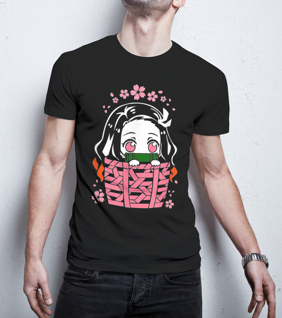 Nezuko Kamado Kawaii Chibi With Bamboo Mouthpiece And Cherry Blossoms Demon Slayer Anime T-Shirt