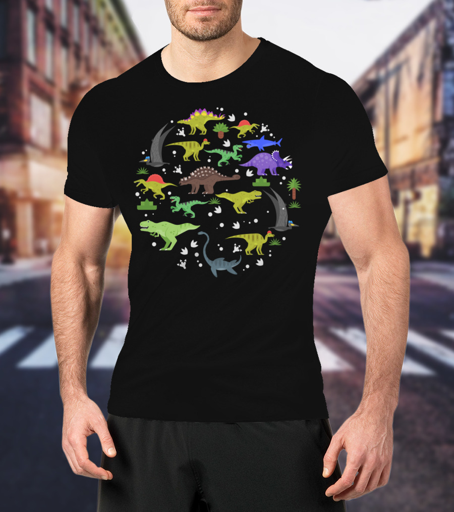 Different Types Of Cool Dinosaurs With Footprints And Plants T-Shirt