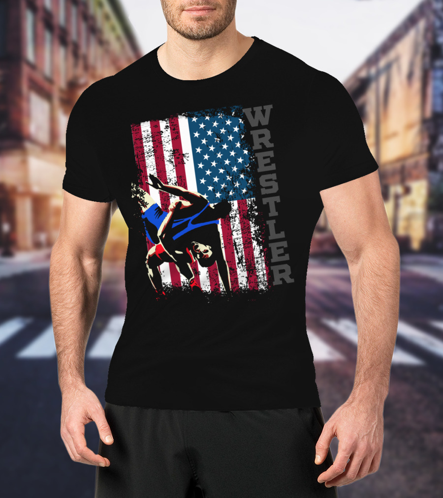 Wrestler Distressed American Flag Wrestling T-Shirt