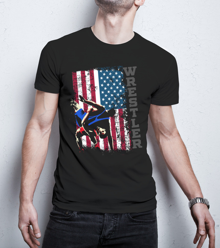 Wrestler Distressed American Flag Wrestling T-Shirt