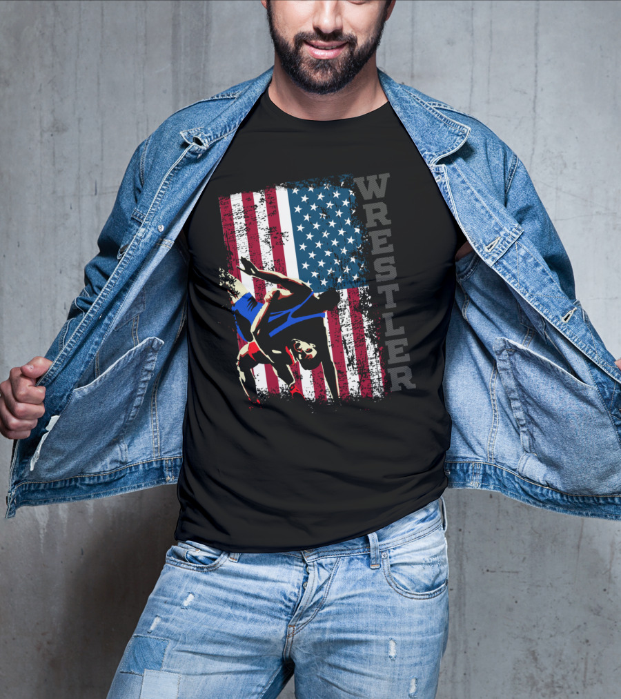 Wrestler Distressed American Flag Wrestling T-Shirt