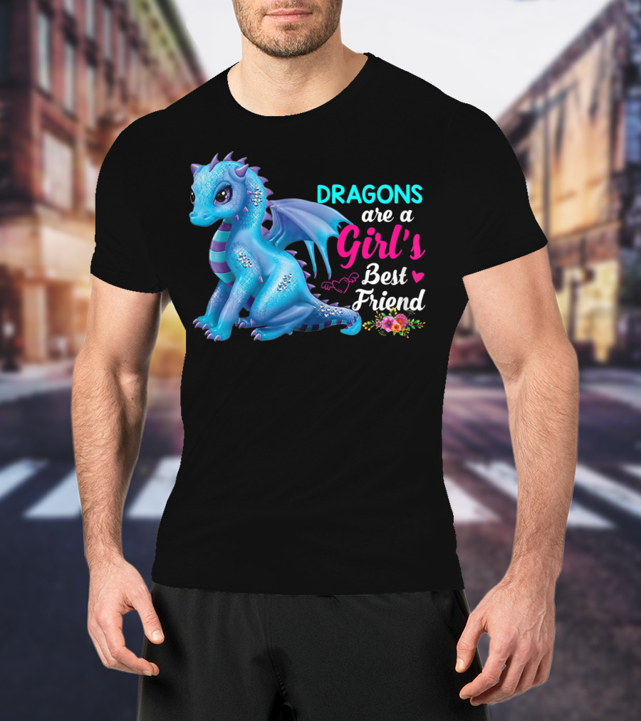 Dragons Are A Girl's Best Friend Cute Blue Dragon With Hearts And Flowers T-Shirt