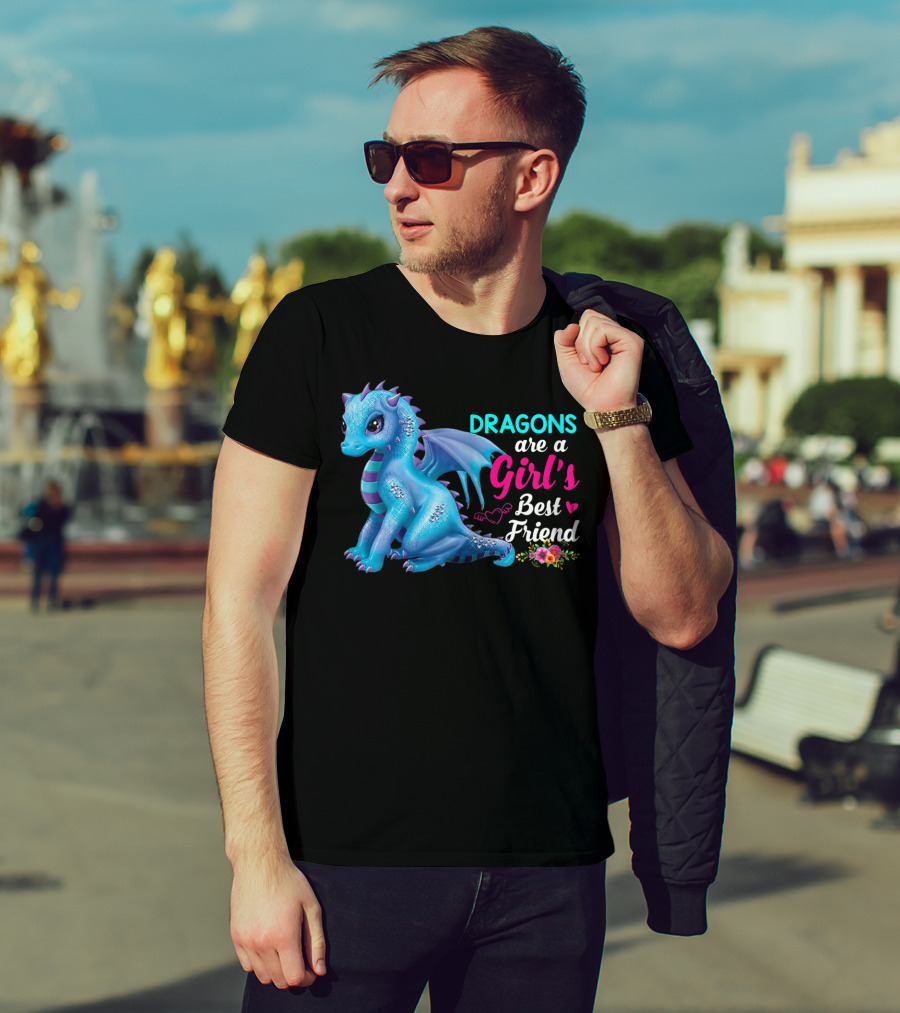 Dragons Are A Girl's Best Friend Cute Blue Dragon With Hearts And Flowers T-Shirt