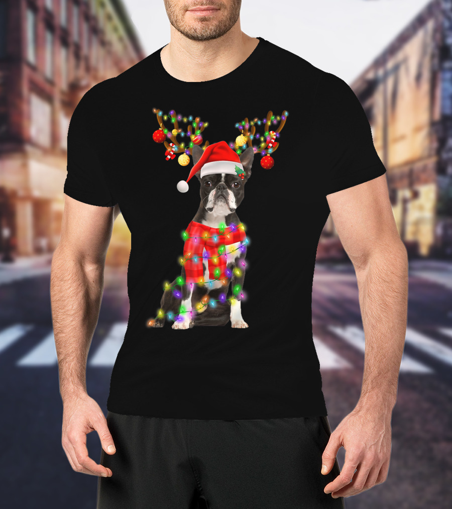 Funny Boston Terrier Christmas Reindeer With Santa Hat And Holiday Lights T-Shirt
