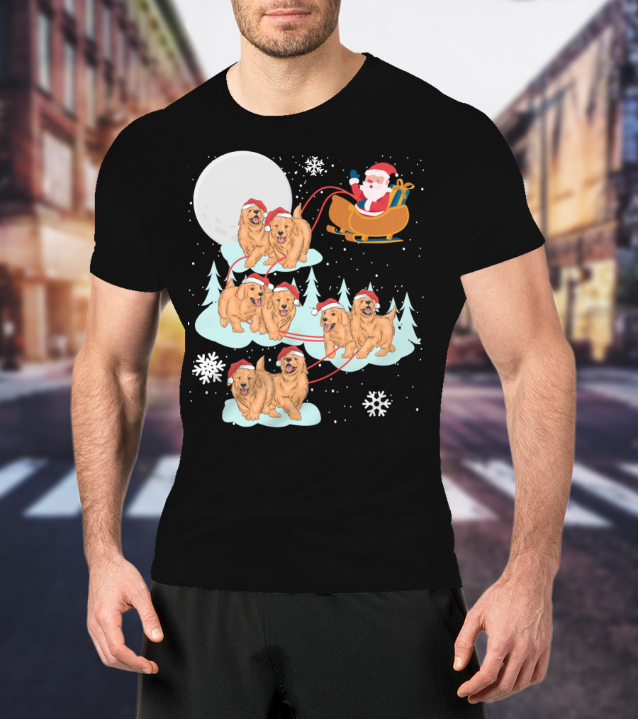 Funny Christmas Golden Retriever Santa Sleigh Holiday Scene T-Shirt