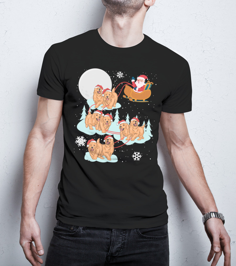 Funny Christmas Golden Retriever Santa Sleigh Holiday Scene T-Shirt