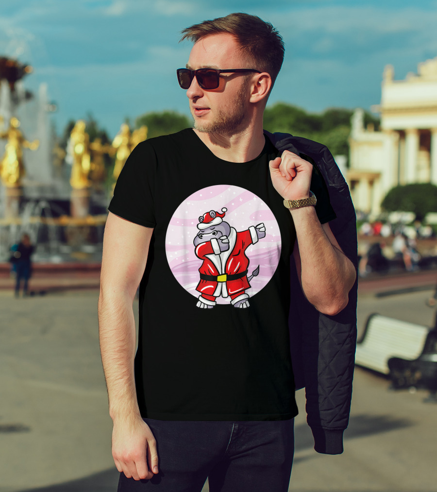 Funny Dabbing Christmas Santa Claus Hippo With Red Santa Suit T-Shirt