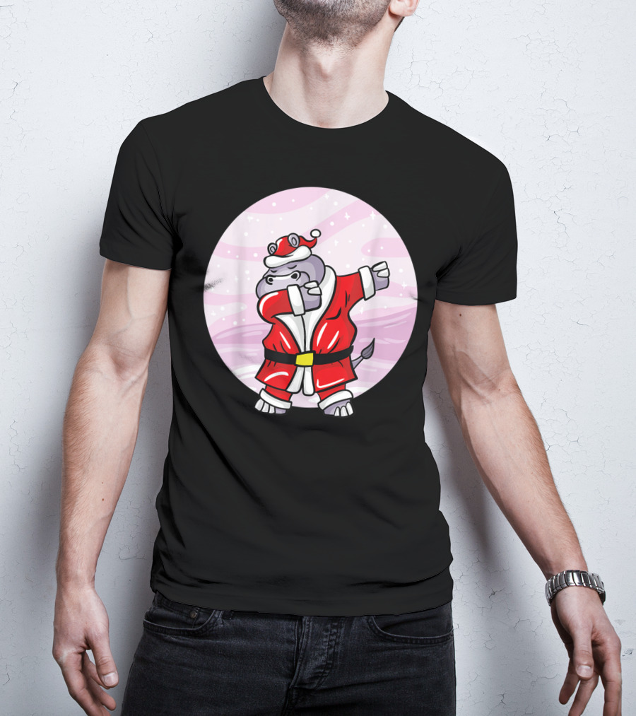Funny Dabbing Christmas Santa Claus Hippo With Red Santa Suit T-Shirt