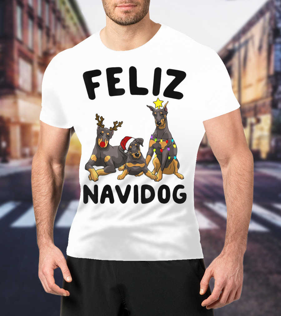 Feliz Navidog Doberman Pinscher With Reindeer Antlers Santa Hat And Christmas Lights T-Shirt