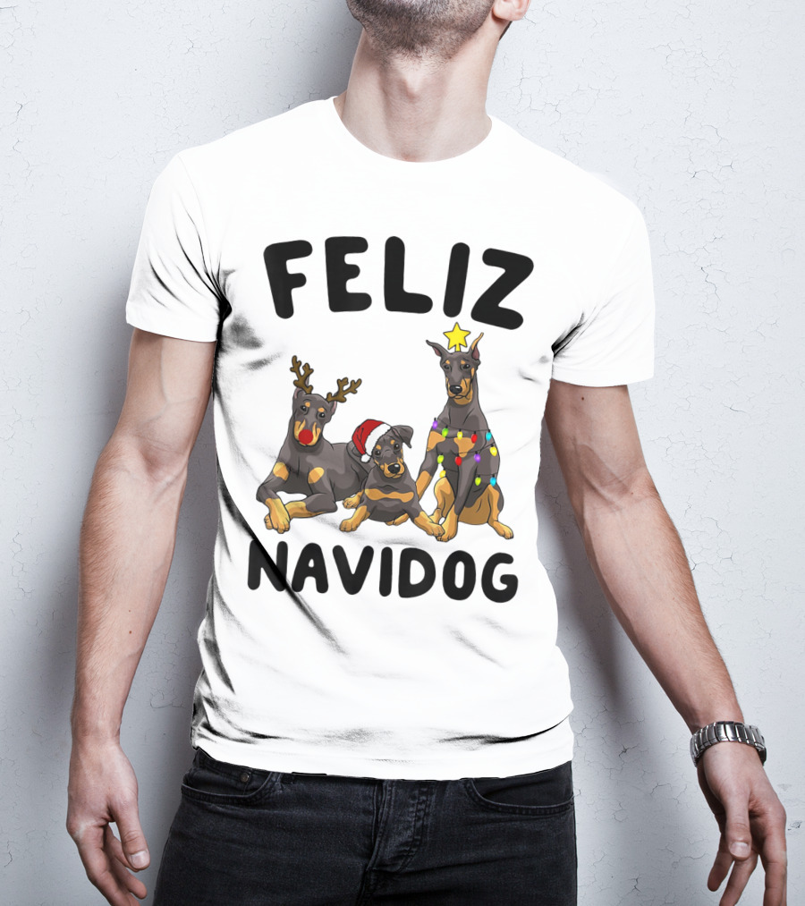 Feliz Navidog Doberman Pinscher With Reindeer Antlers Santa Hat And Christmas Lights T-Shirt