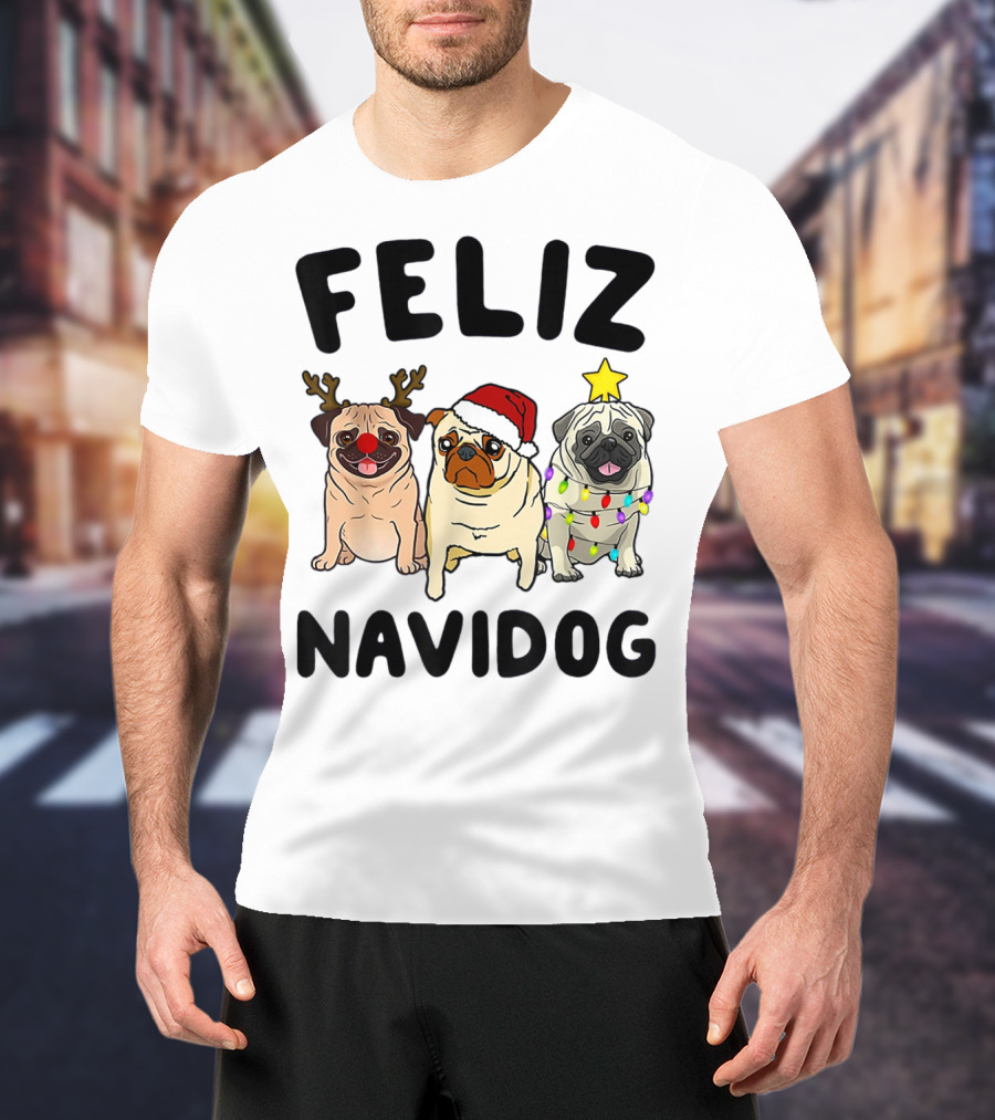 Feliz Navidog Pugs Christmas Antlers Santa Hat Lights T-Shirt