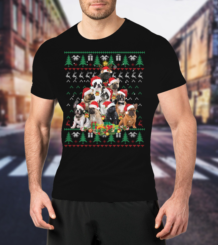 French Bulldog Christmas Tree With Santa Hats T-Shirt
