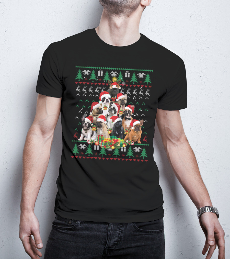 French Bulldog Christmas Tree With Santa Hats T-Shirt