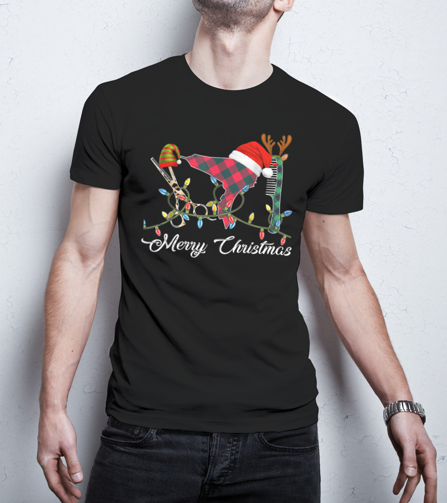 Merry Christmas Hair Stylist Tools With Santa Hat Scissors And Antler Comb T-Shirt