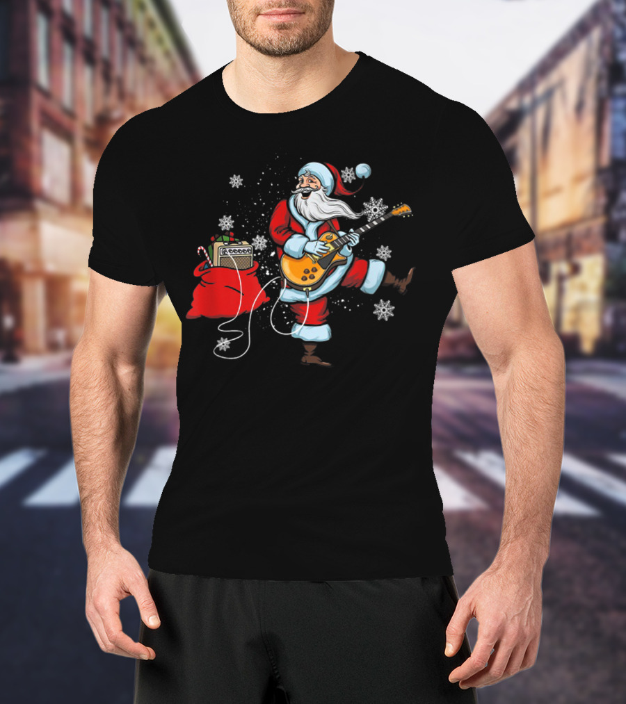 Funny Santa Playing Guitar With Snowflakes And Christmas Bag T-Shirt