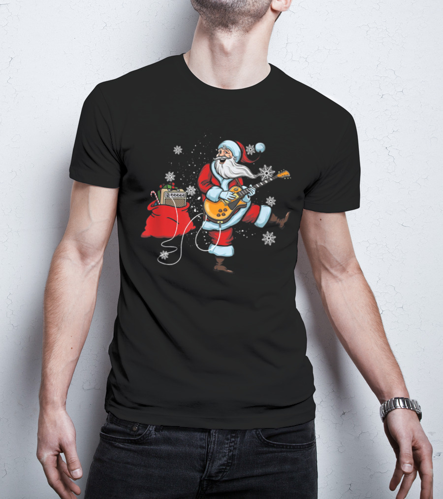 Funny Santa Playing Guitar With Snowflakes And Christmas Bag T-Shirt