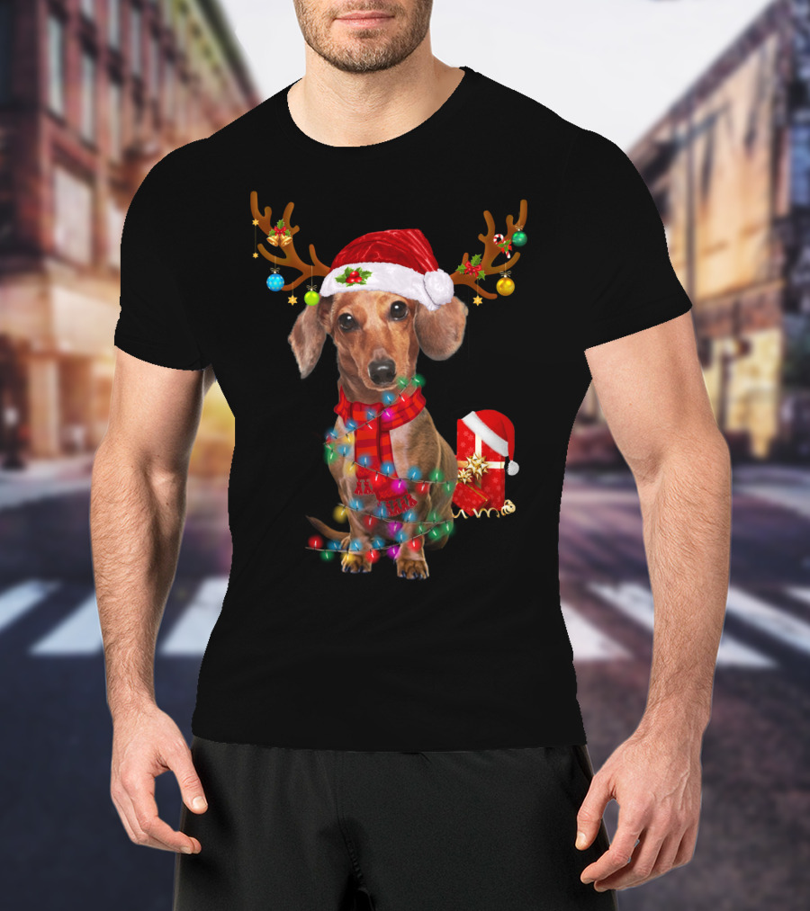 Santa Hat Dachshund With Reindeer Antlers And Christmas Lights T-Shirt