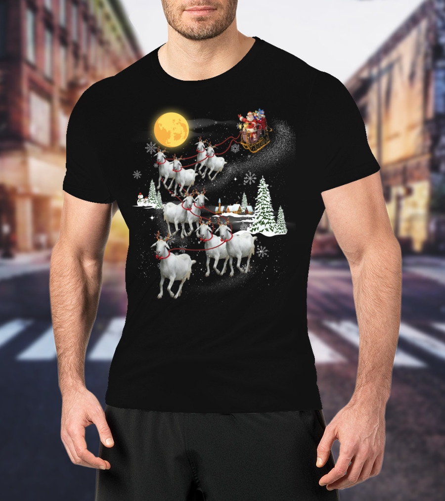 Funny Santa Riding Goat Sleigh Under Full Moon T-Shirt